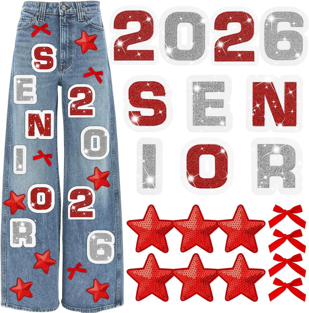 20 Pcs Senior Class of 2026 Glitter Jeans Patches with Sequined Bow Five Pointed Star Decorations Senior DIY Iron on Letters 2026 Craft Stickers for Jeans Gown Jackets(Red)