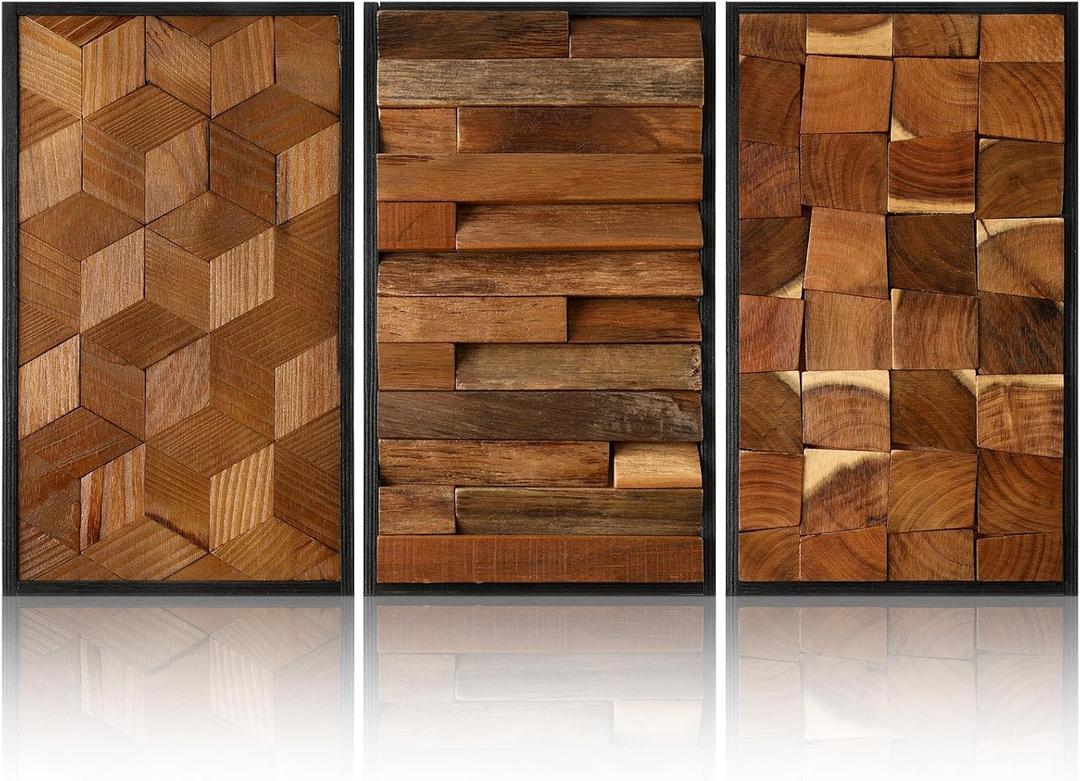 Glenmal 3 Pcs Wood Wall Art Decor 14 x 7 Inch Textured Wooden Wall Art Aesthetic Rustic Cubic Hanging Decor Framed Decorative Farmhouse Bedroom Boho Modern Home Decorations for Living Room