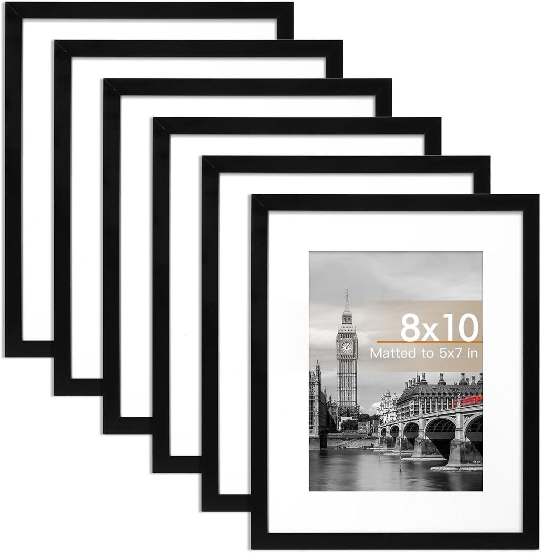 Fixwal 8x10 Picture Frame Set of 6 with Shatter Resistant Plastic Glass, Thin Border and Light Weight Photo Frames for Wall or Tabletop Display, Black
