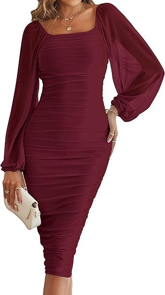 MEROKEETY Women's Long Sleeve Wedding Guest Formal Dress Fall Winter Ruched Bodycon Mesh Cocktail Party Midi Dresses