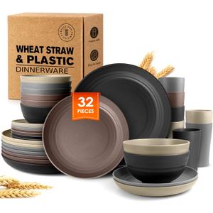 Teivio 32-Piece Kitchen Plastic Wheat Straw Dinnerware Set,Service for 8,Unbreakable Plates, Bowls and Cups Set,Farmhouse Outdoor Camping Dishes for Rustic Life/Country/Vintage,Aesthetic Multicolor