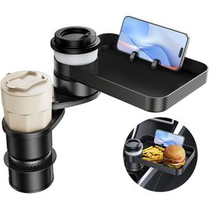 Car Double Cup Holder Tray Table, Swivel Car Food Tray Table for Front/Rear Passenger Seat for Eating, Cup Holder Expander with Phone Holder, Drink Sauce Holder for Car, Road Trip Essentials