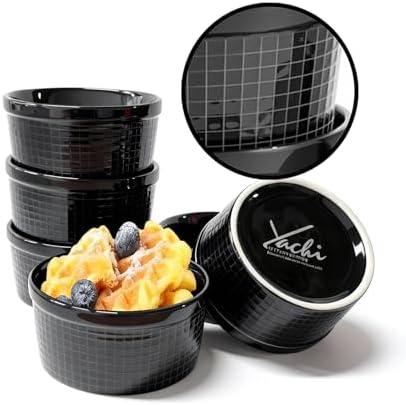 Yachi Black Ramekins 4oz 3.2 inch Set of 6, Oven Safe Dishwasher Safe, dessert bowls, Dipping sauce cups, Ceramic Creme Brulee, Baking Souffles Ceramic Ramekin