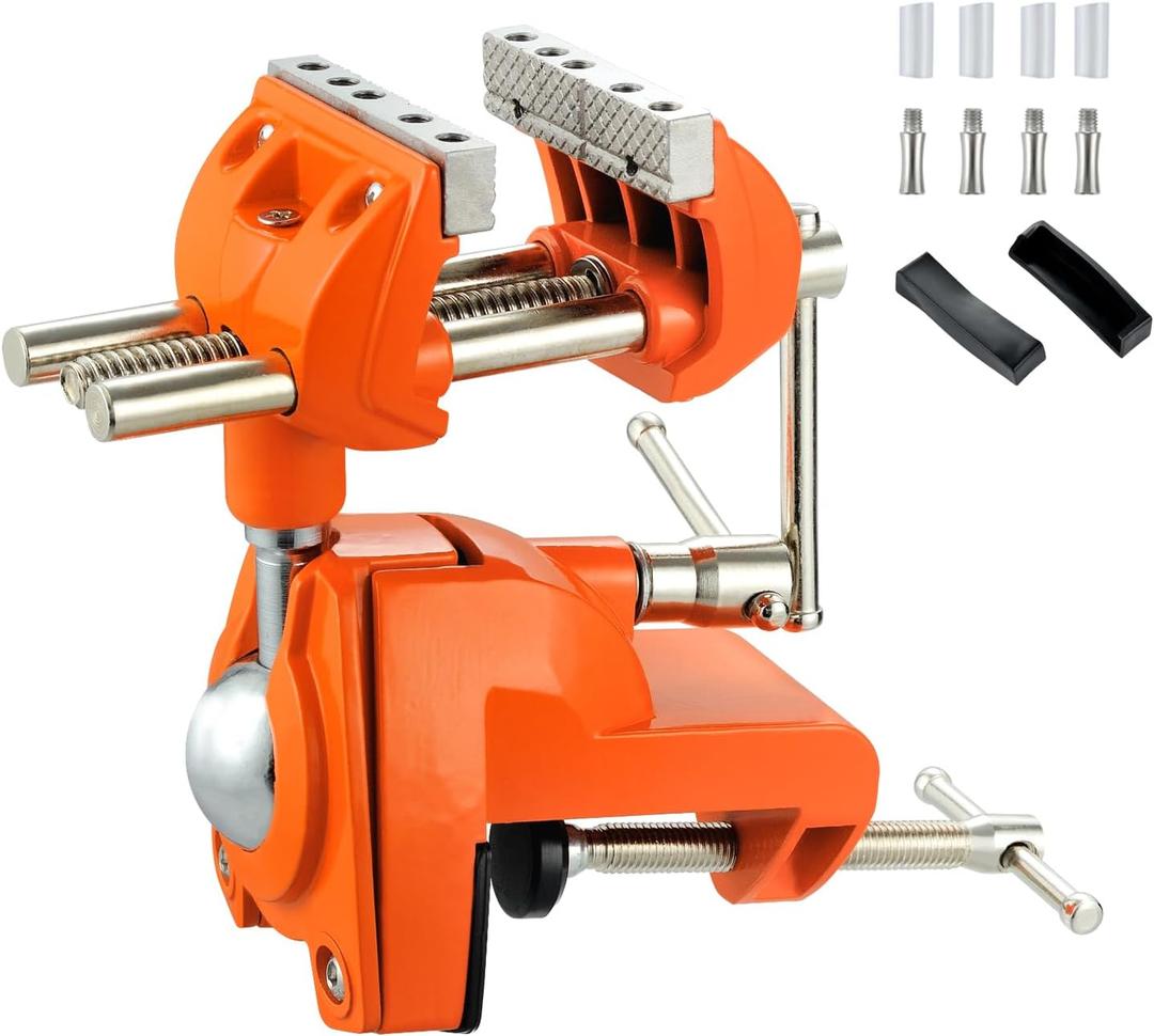 MAXMAN Clamp Bench Vise with Post Universal, Woodworking Vise, 360 Heavy Duty Cast Steel, Table Clamp Vise with Swivel Base for Workbench DIY Projects, Handcraft Creations (Orange)