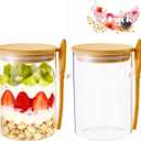 Overnight Oats Containers With Lids and Spoons, 2pack Glass Jars with Bamboo Lids, Leak-Proof Overnight Oats Jars for Cereal, Yogurt, Chia Pudding