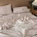 MooMee Gingham Duvet Cover Set 100% Washed Cotton Linen Like Textured Breathable Durable Soft Comfy Modern Checkered Design (Brown Gingham, Palatial King/Oversized King 120"x98")