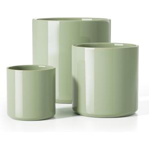 LE TAUCI Ceramic Plant Pots Indoor, 10+8+6 Inch Planters for Indoor Plants, Mid-Century Modern Pots with Drainage Hole and Plug, Cylinder Round Planters, Set of 3, Sage Green