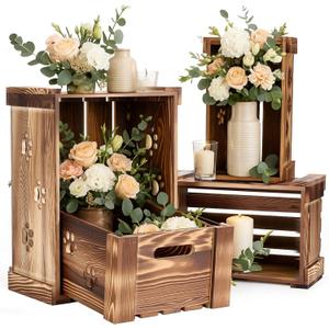 Leinuosen 4 Pcs Decorative Wood Crates for Storage Display, 4 Sizes Rustic Wooden Nesting Crates with Handles, Large Small Brown Farmhouse Boxes for Wedding Birthday Home Decorations