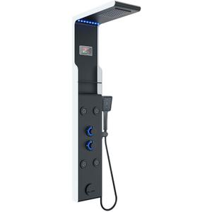 ELLO&ALLO LED Shower Panel Tower System with Shelf, Rainfall Shower Head and Rain Massage System with Body Jets, Stainless Steel Bathroom Fixtures, Matte Black&Slive