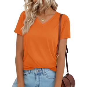 YUCOLEN T Shirts for Women Soft Short Sleeve V Neck Basic Tees Cotton Blend Breathable UPF 50+ Tops for Summer Spring (Orange, M)