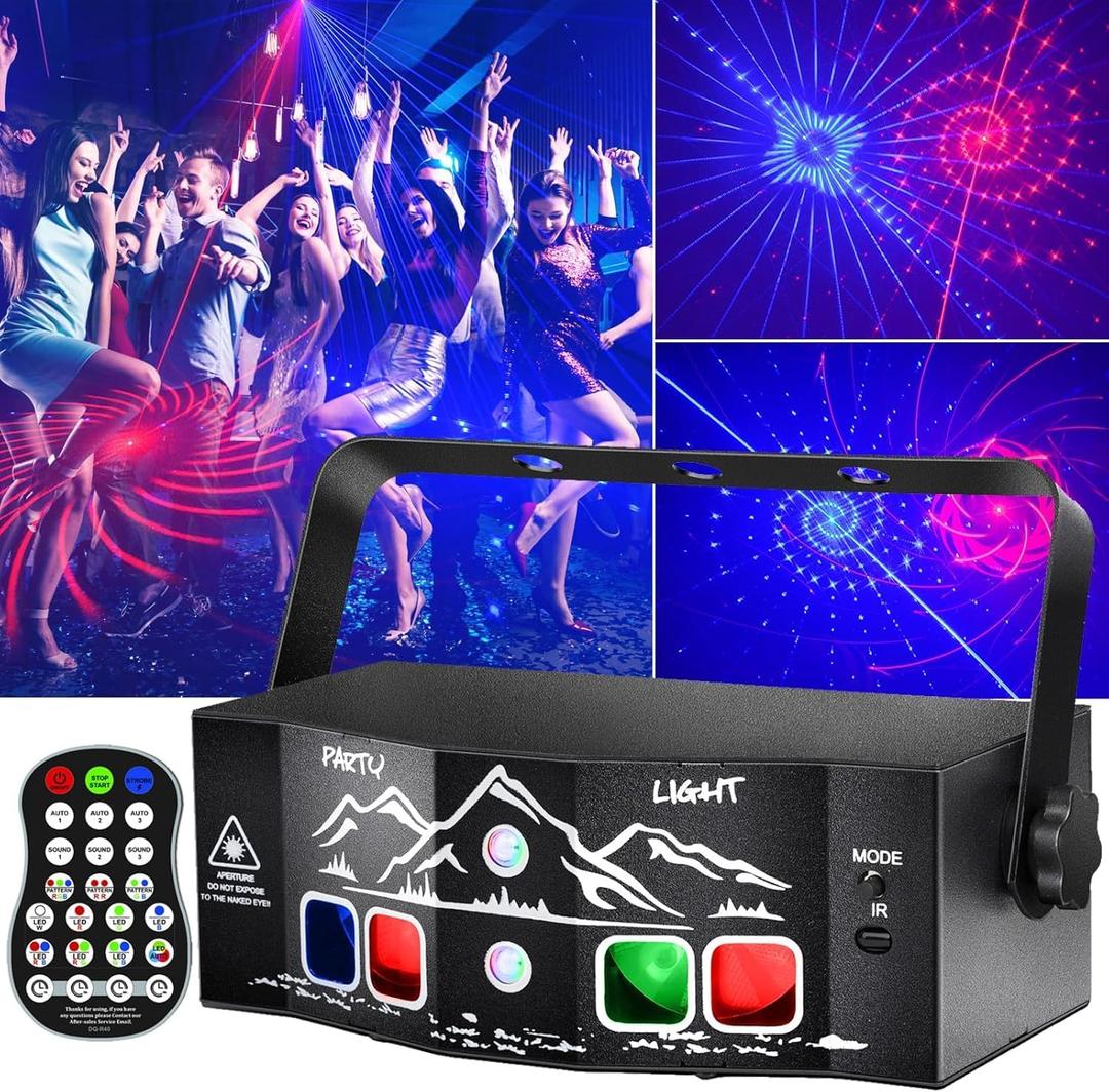 4-Lens Party Lights with Unique Blue Patterns - RGBW LED Background Strobe Light, Sound Activated DJ Stage Projector with Remote, USB Powered Rave Lights for Kids Birthday, Home Disco, Halloween (R40)