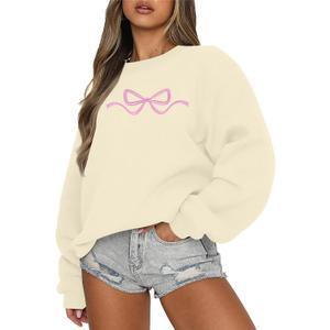 FASHGL Pink Bow Sweatshirt Womens - Sequins Coquette Sweater Casual Round Neck Pullover Sweatshirts Long Sleeve Tops (XL)