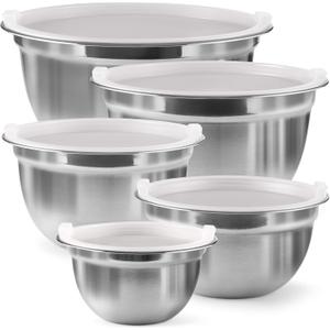 FineDine Stainless Steel Mixing Bowls Set with Lids, Home Kitchen Cooking Essentials Household Must Haves for Baking, 5 Pieces (Silver)