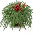 Artificial Christmas Norfolk Pine Arrangement with Red Berries and Pinecones 10 Inch Holiday Table Centerpiece in Rustic Wooden Box Faux Tabletop Arrangement for Home Mantel Xmas Dining Table Decor (Style 8)