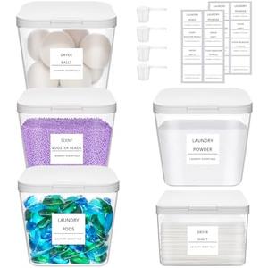 Lifewit 5 Pack 0.72 Gal Laundry Pods container & 0.5 Gal Dryer Sheets Holder Sets, Press-and-Pop Lids, Laundry Room Organization and Storage for Booster Beads with Labels and Measuring Scoops