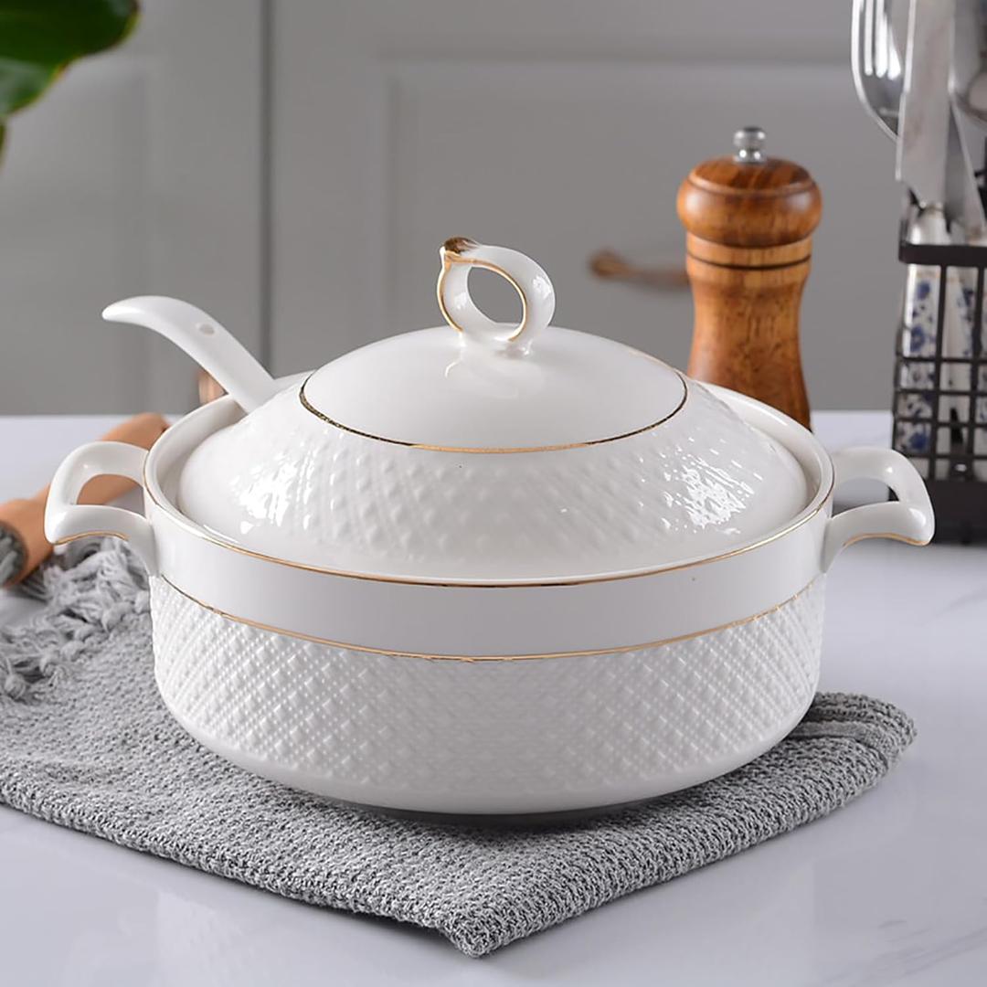 White Soup Tureen with Gold Design, Double Handle Soup Serving Bowl with Lid and Spoon Bone China Tableware, 1.5L
