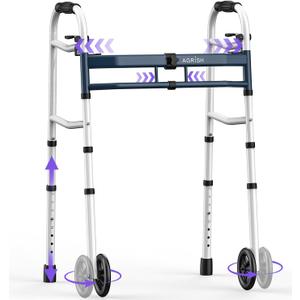 Agrish Narrow Walkers for Seniors, Adjustable Width Narrow Walkers for Small Spaces, Folding Slim Walker - Standard Walkers for Elderly, 350 LBS Heavy Duty Narrow Walker for Small Doorways (Navy Blue)