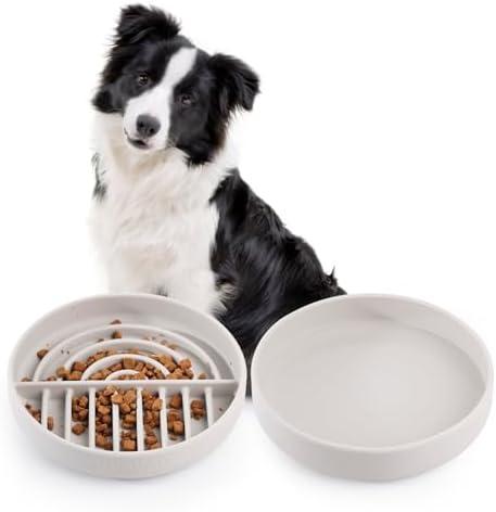 Slow Feeder Bowls Set for Medium Dogs & Puppies - Silicone Non-Slip Food & Water Bowls, Promotes Healthy Digestion, Dishwasher & Microwave Safe, 2 & 5 Cups (Gray)