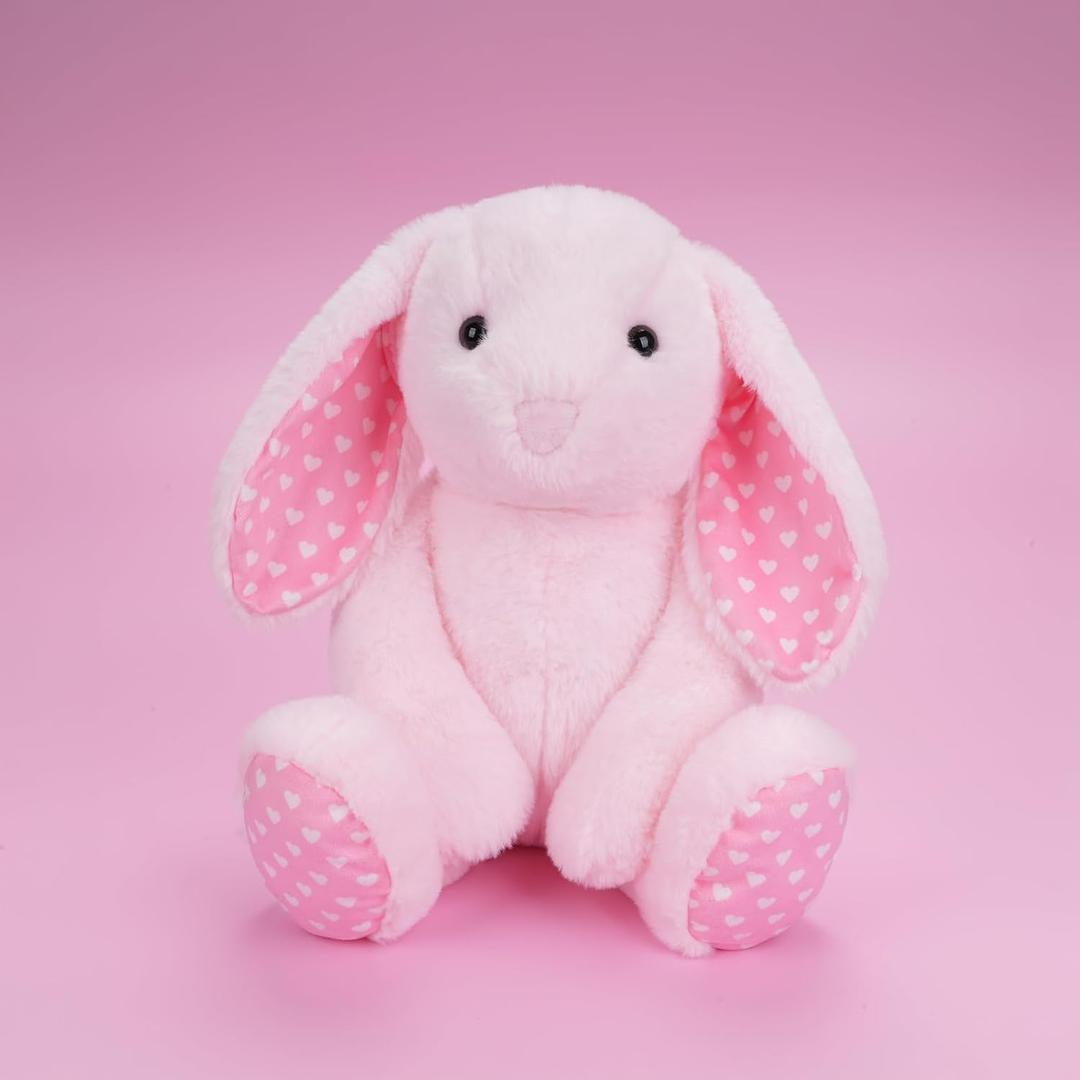 Pink Rabbit Bunny Stuffed Animal Plush Toys with Floppy Ears & Heart Print for Lover, Kids, Boys, Girls, Babies - Perfect Birthday Nursery Dcor Easter Christmas Bedtime Gift