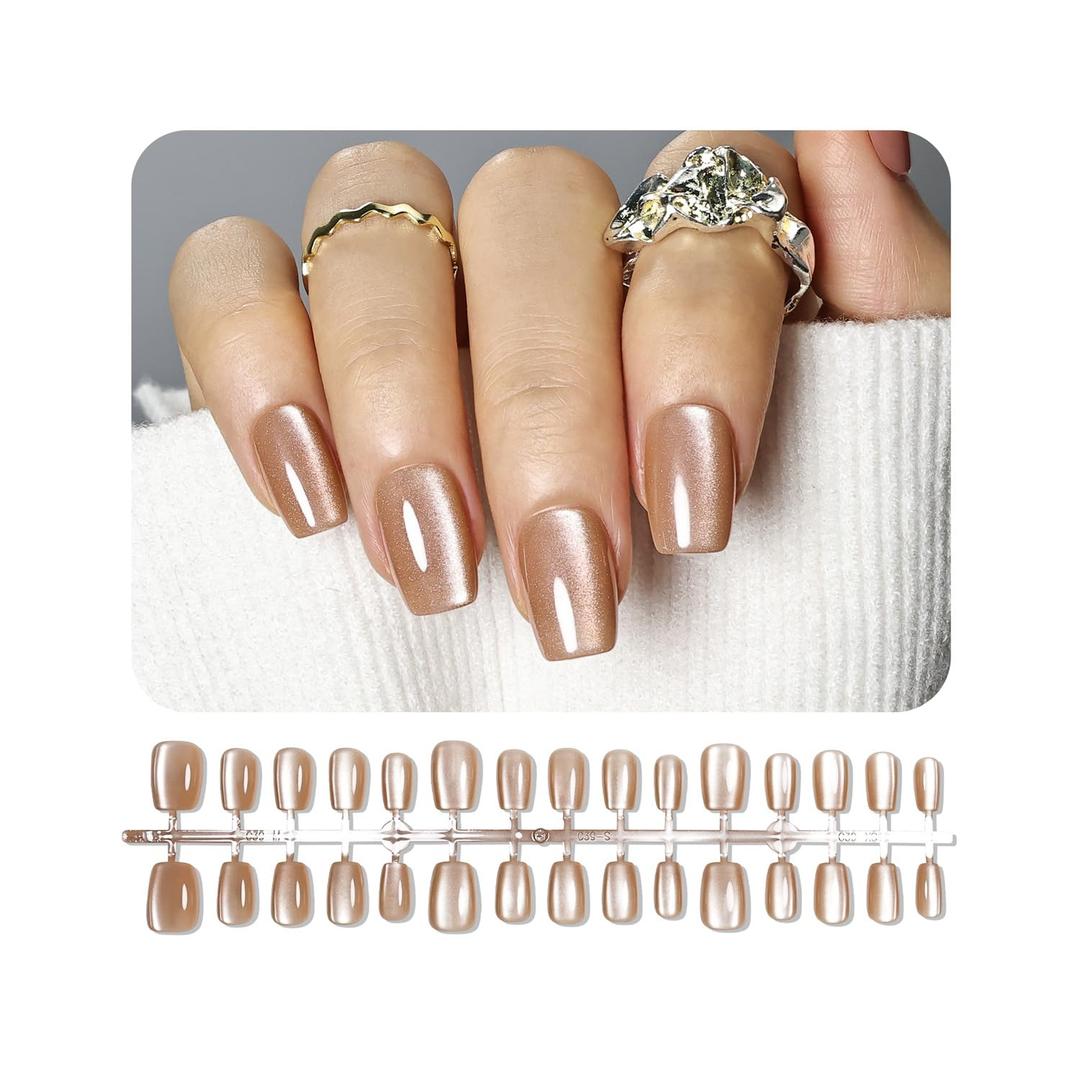 JODSONE 30PCS Nude Cat Eye Press on Nails Set Reusable Short Square Fake Nails Acrylic Diamond Shine Glossy Nature Stick on Nails for Women