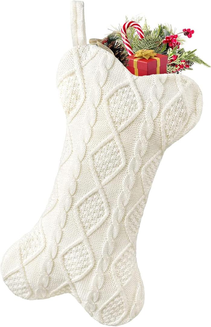 Malier Dog Christmas Stocking, Knit White Christmas Stocking for Dogs, Bone Shape Dog Stocking Christmas Large Pet Stockings Hanging Dog Christmas Stocking for Dogs Cats Pets (White)