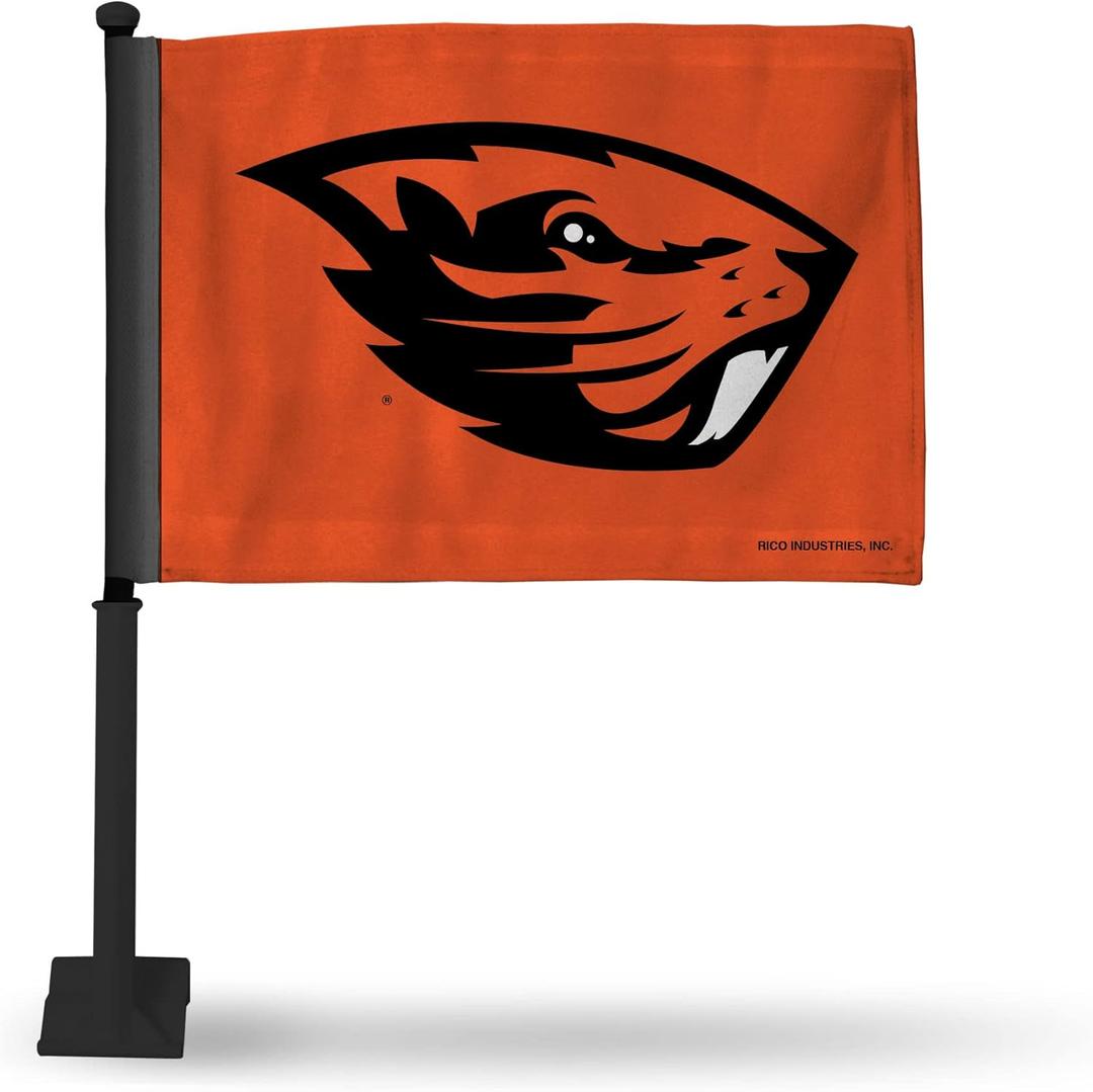 Rico Industries NCAA Oregon State Beavers Black Pole Car Flag W' Black Pole Double Sided Car Flag - 16" x 19" - Strong Pole that Hooks Onto Car/Truck/Automobile