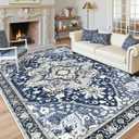 9x12 Blue Washable Area Rug - Large Boho Vintage Farmhouse Living Room Rug with Non-Slip Backing, Faux Wool Low Pile Indoor Carpet for Bedroom, Under Dining Table, Office - Navy Blue Multi