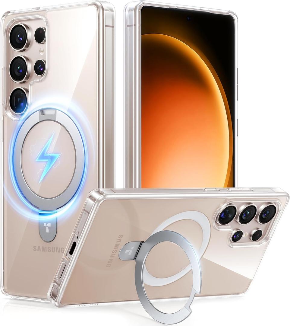 TORRAS Clear Magnetic Stand Case for Samsung Galaxy S25 Ultra, [Fit for Magsafe] [Military Grade Drop Tested] Ring Shockproof Translucent Slim Protective Case 