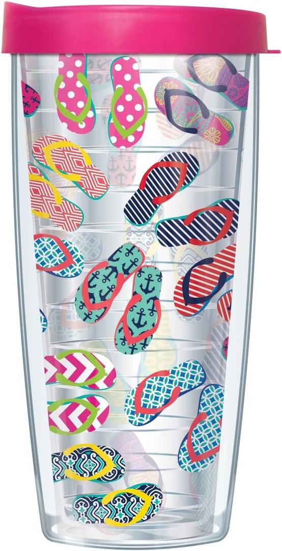Summer Flip Flops w/Hot Pink Lid Tumbler Cup 16 Oz | Fantastic Temperature Retention, Thermal Insulated! Dishwasher and Microwave Safe | BPA Free| Great Gift Idea