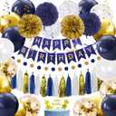 YGYXMY Birthday Decorations for Men, Navy Blue Gold White Happy Birthday Party Decorations Set - Banner, Balloons, Tissue Pompoms, Swirls, Tassels Garland