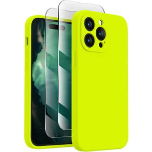 FireNova Designed for iPhone 14 Pro Max Case, Silicone Upgraded [Camera Protection] Case with [2 Screen Protectors], Soft Anti-Scratch Microfiber Lining Inside, 6.7 inch, Fluorescent Green