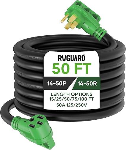 RVGUARD 50 Amp 50 Foot RV/EV Extension Cord, NEMA 14-50P/R Heavy Duty Extension Cord with LED Power Indicator and Cord Organizer, Green, ETL Listed