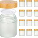 4oz Jars with Lids, Hoa Kinh 12 Pack Frosted Glass Jars with Lids Empty Cosmetic Containers Round Airtight Glass Jar with Inner Liners and Woodgrain Lid for Storing Lotions, Powders, and Ointments