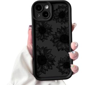 2 x NITITOP Compatible with iPhone 14 Plus Case Cute Sunflower Floral Design for Women Girls Flower Artistic Soft TPU Shockproof Protective Full Camera Protection Cover - Black