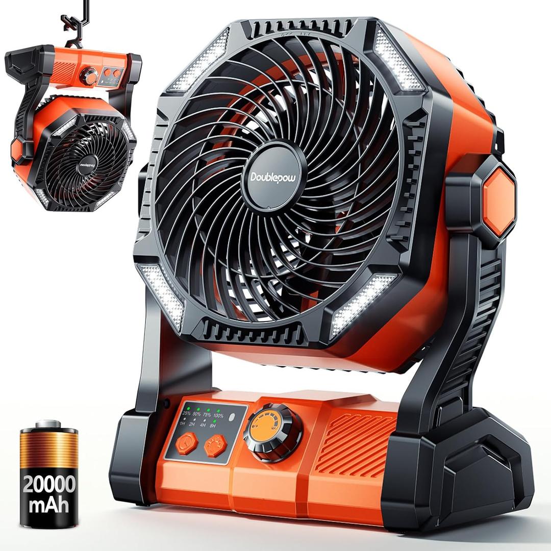 Camping LED Fan with Light, 40000m Rechargeable Battery Powered Outdoor Tent Fan with Light and Hook, 6 Speed, Personal USB Desk Fan for Camping, Fishing, Power Outage,Hurricane, Worksite (20000mAh, D23-Orange)