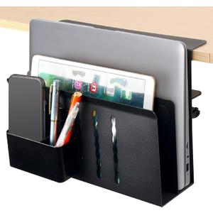 2 TIER Desk Side Storage Upgraded Under Desk Organizer, No Drill Hanging Laptop Holder Under Desk, Clamp-On Table Side Tray Steel Desktop Organization for Office and Home, Black 