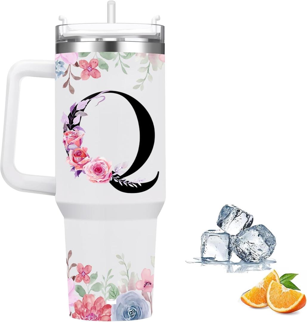 FOLAI Insulated Travel Coffee Mugs, 40oz Steel Water Bottl,Tumbler with Handle and Lid Straw,Thermal Cups for Hot and Cold Drinks Printed with Letters Personalized Unique Gifts for Women and Man(Q)