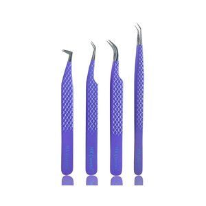 M LASH Tweezers for Eyelash Extensions (Set of 4)  Professional Lash Extension Tweezers  Fiber Tip, Japanese Steel, Diamond Grip Eyelash Extension Tweezer (Blue)