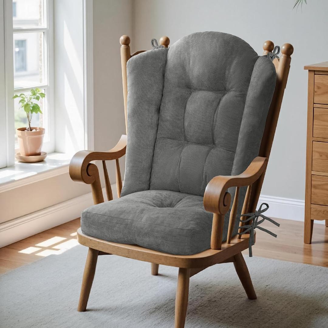 Wingback Rocking Chair Cushion - Small 17"x17" Seat & 26.7"x22.2" Back, for Indoor Rockers, Glider & Adirondack Chair Cushions, High-Density Sponge, Comfort Chenille with Ties (Grey, 2-Piece)