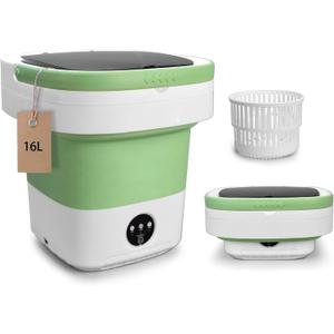 Portable Mini Washing Machine, Foldable Washer and Dryer with 3 Modes Deep Cleaning, Upgraded Small Collapsible Laundry for Hotel, Apartment, Home and Travel - Green (16L)