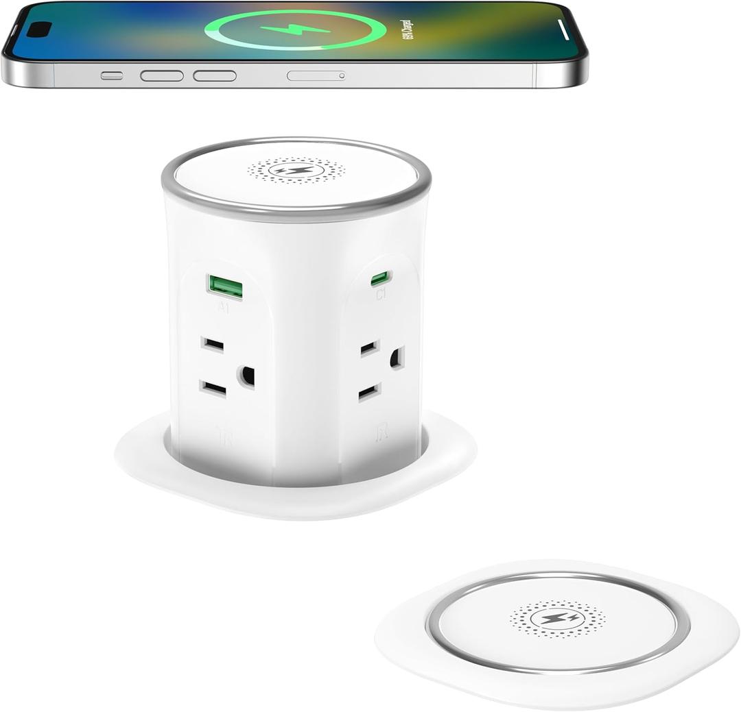 Jgstkcity Pop Up Countertop Outlet Recessed Power Strip with 15W Wireless Charger,45W USB C,3.15 inch Desk Hole,Ideal for Kitchen Island & Conference Table Receptacle (White, 6FT-45W USB Ports)