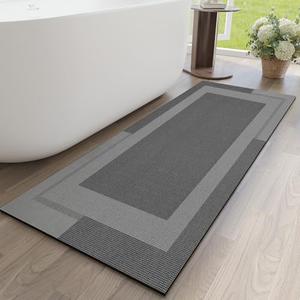 YDKGL Non Slip Long Bathroom Runner Rug Bath Mat, Rubber Backing Ultra Thin Bathroom Rugs Fit Under Door Quick Dry Super Absorbent Washable Shower Mat for Bathtub Sink Floor, Dark Grey 17"x59"