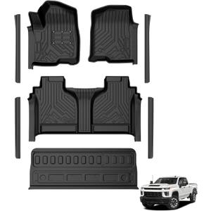 T TGBROS Floor Mats for 2019-2026 Chevy Silverado GMC Sierra 1500 2500HD 3500HD Crew Cab with Tailgate Mat Anti Slip Driver Pad Door Sill Protector TPE Floor Liner Set 8PCS
