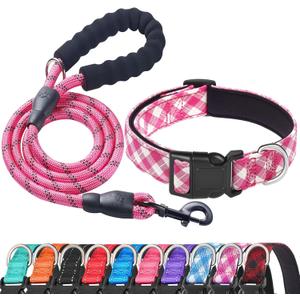 Reflective Dog Collar Padded with Soft Neoprene Breathable Adjustable Nylon Dog Collars for Small Medium Large Dogs (Small (Pack of 1), Pink Plaid Collar+Leash)