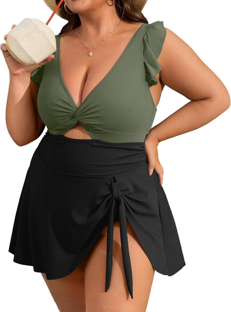Charmo Ruffle Ribbed Plus Size Swimdress for Women One Piece Swimsuit High Waisted Tummy Control Bathing Suit 2026, Size: 2X