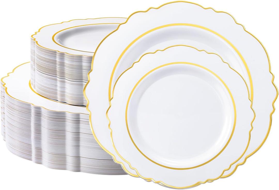realluck 100PCS White and Gold Plastic Plates, Elegant Baroque Gold Rim Disposable Plates - 50 Dinner & 50 Dessert Plates, Heavy Duty Fancy Plates for Wedding, Anniversary