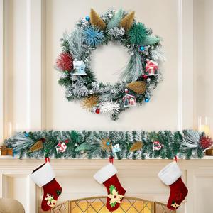 24 Inch Artificial Snow Flocked Christmas Wreath for Front Door With Tree, House and Village Decorations