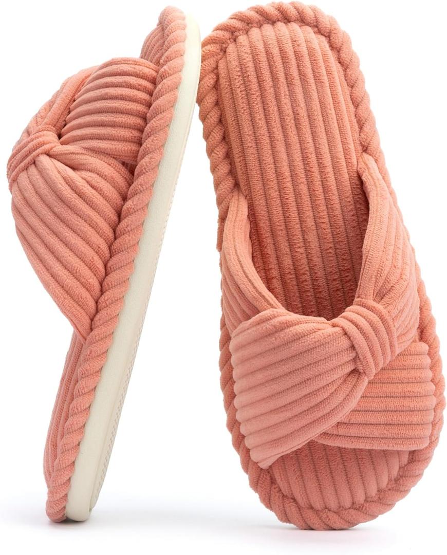 Chantomoo Slippers for Women Memory Foam House Womens Slipper Slides Home Bedroom Bathroom Spa Open Toe Corduroy Bow Slippers Cozy Comfortable (9-10, Brick Red)