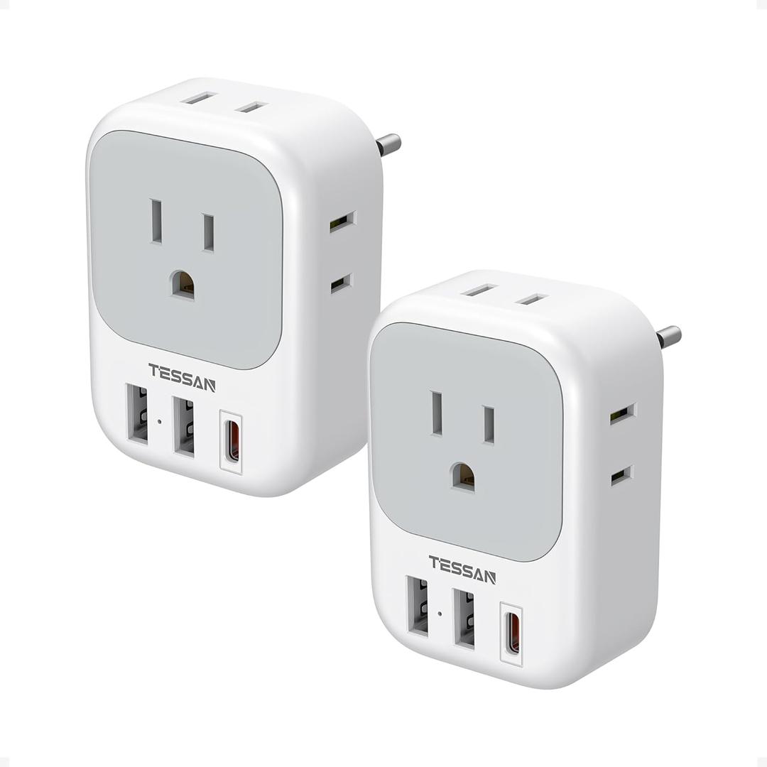 2 Pack European Travel Plug Adapter, TESSAN Europe Power Converter 4 Outlets 3 USB(1 USB C PD 20W), Type C International Adaptor to Italy Spain France Portugal Iceland Germany, EU Travel Essentials
