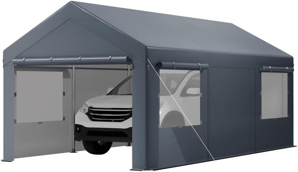 12x20 FT Heavy Duty Carport, Portable Garage with Sidewalls, Roll-up Windows, Carports 10x20 Heavy Duty for Car Boat Truck Motorcycle (Gray)